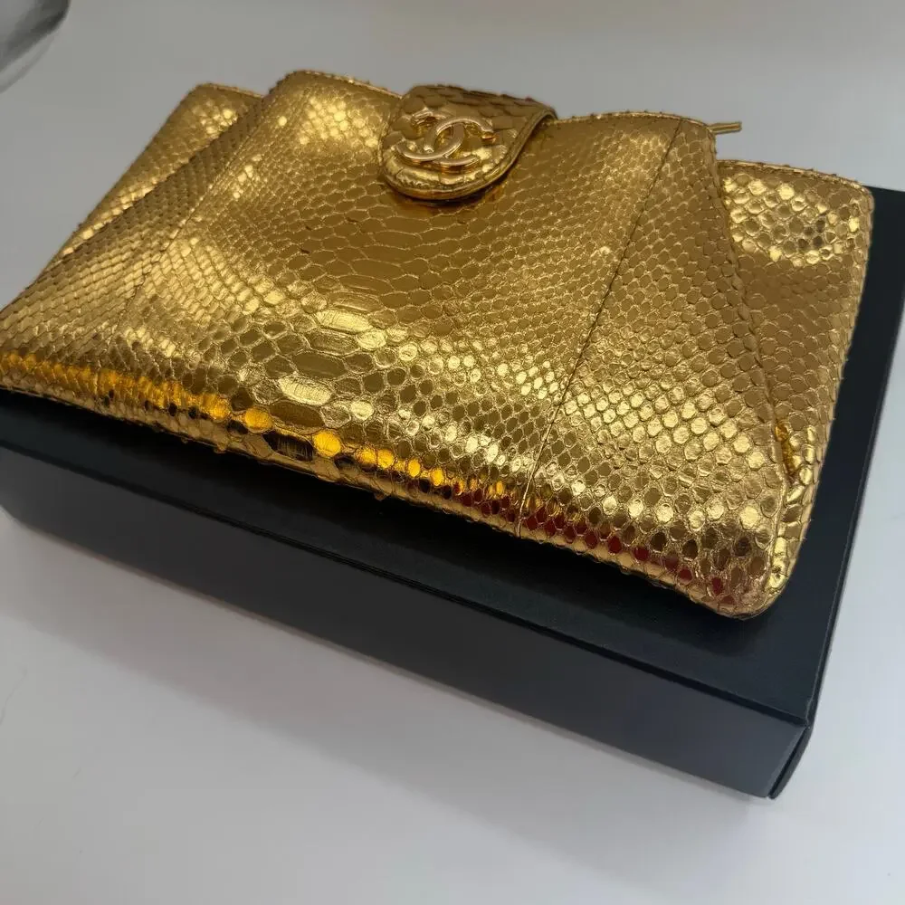 Chanel‎ Gold Metallic Python Clutch Series 19 2014 Full Set Glam